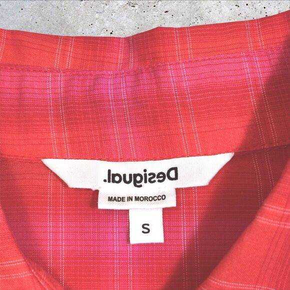 Desigual Patchwork Plaid Shirt Orange Pink Red Womens Small Oversized Button Up - Picture 11 of 15